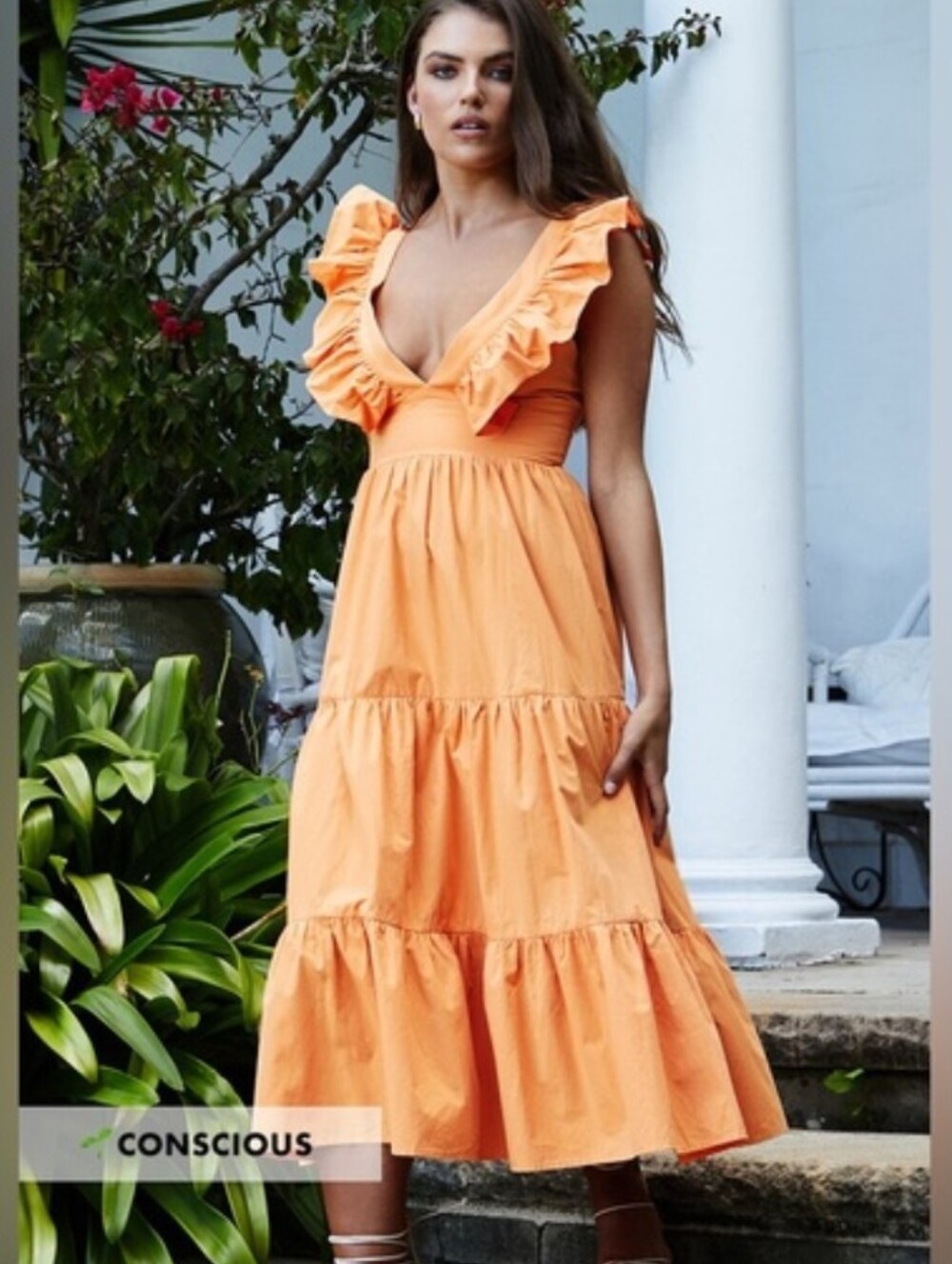 Showpo Levona Ruffle V-Neck Tiered Midi Dress Size 8 Orange